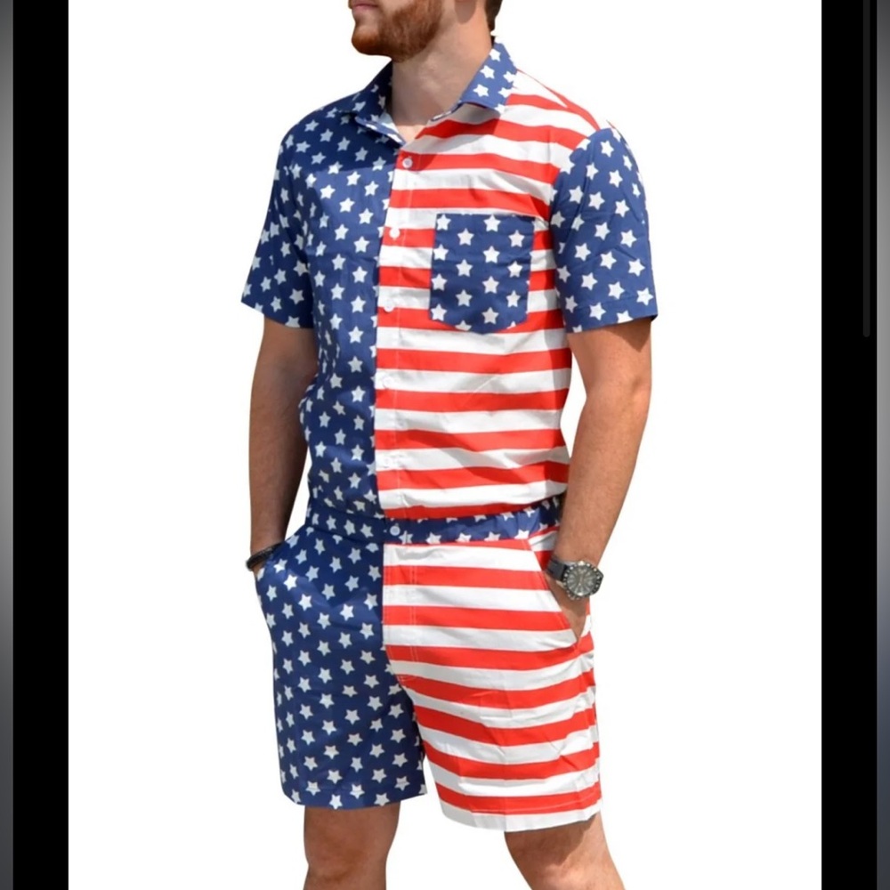 Zesties Men’s American Flag Male Romper Shorts One‎ Piece Suit Large 4th of July